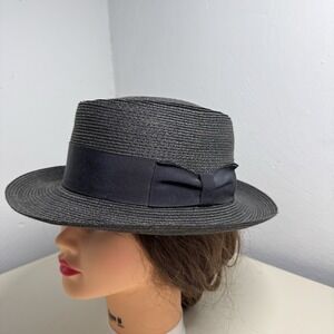 1917 Biltmore Fedora Black Straw 100% Todo Hat With Navy Blue Band Sz 7,1/8 57cm